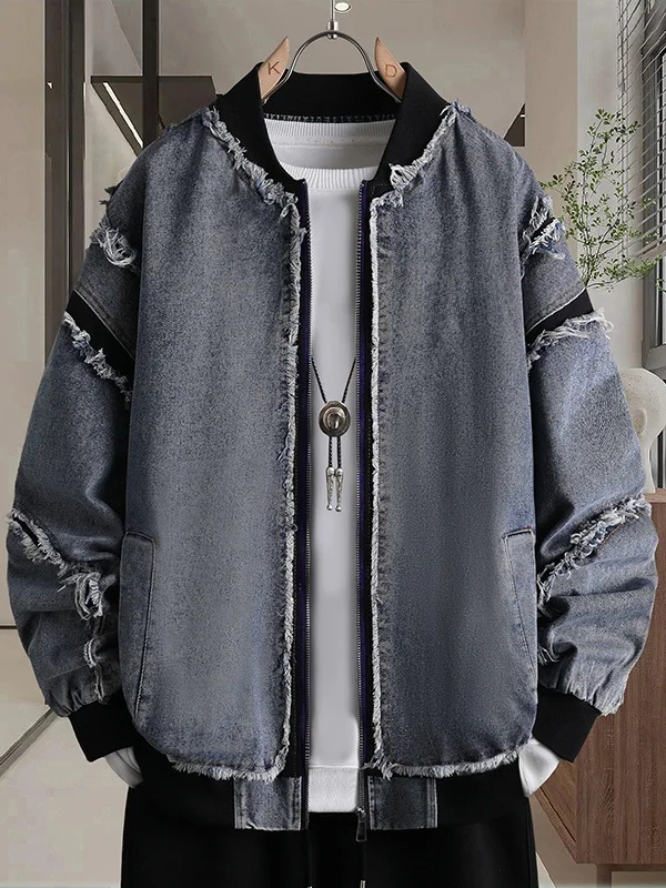 

Retro Patchwork Denim Jacket Men's Heavy Duty Casual American High Street Trend Spring Autumn New Style Cotton Polyester Blend