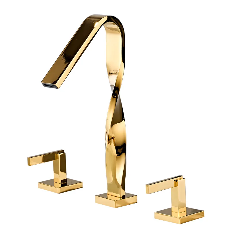 

Light luxury all-copper creative three-hole washbasin faucet hot and cold water washbasin double handle split gold three-piece