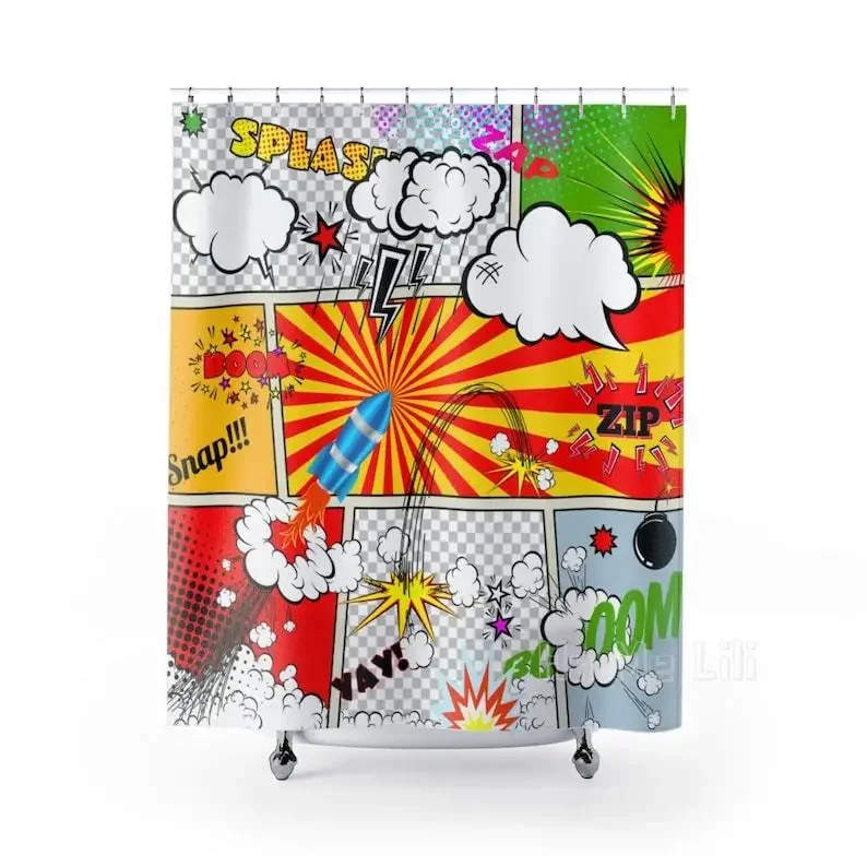 Action Movie Puns Shower Curtains Superhero Bathroom Decor Best Seller Snap Boom Splash Zip Yay Trendy Great Gifts