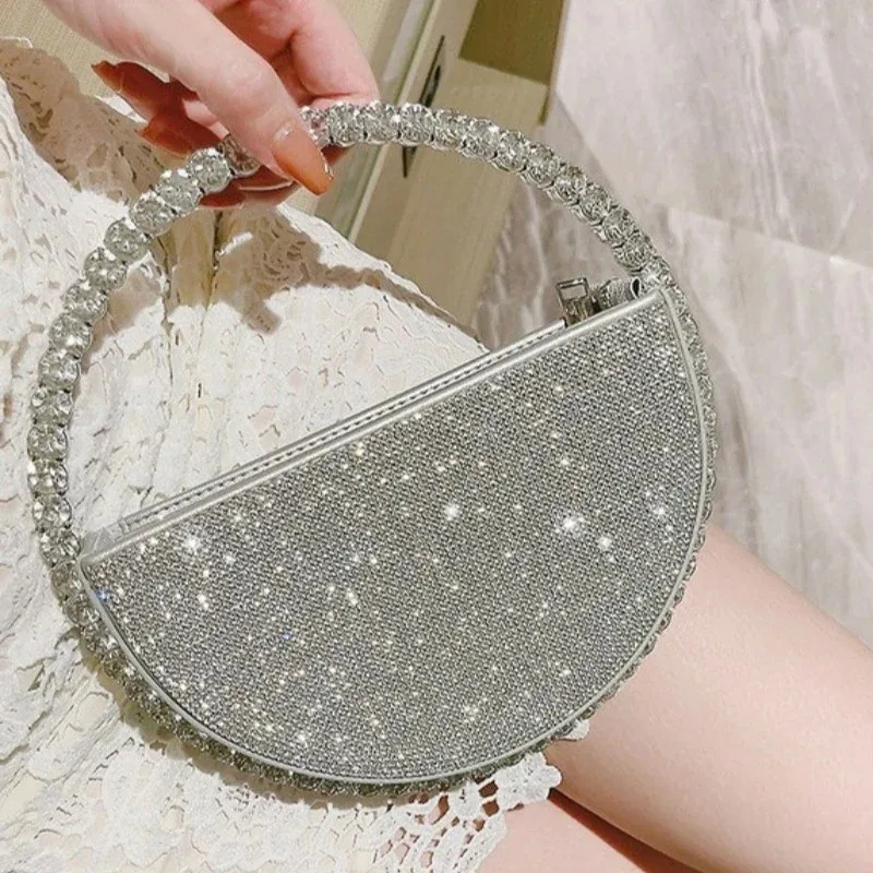 

Silver Crystal Semicircle Clutch Women's Bling Rhinestone Evening Bag with Ring Handle Glitter Bling Handbag for Formal Parties