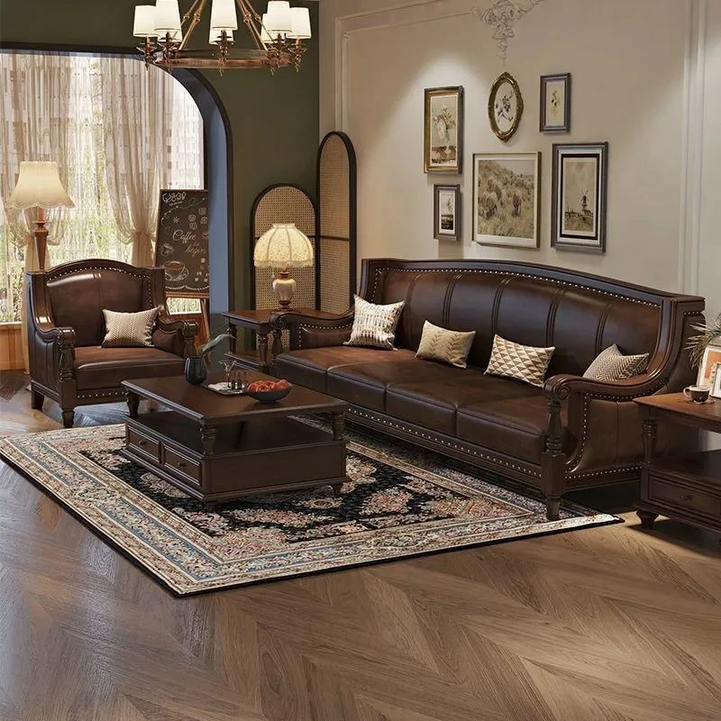 American Neoclassical Leather Sofa Solid Wood Frame Cowhide Couch Luxury Living Room Furniture Durable Stitching Easy Clean