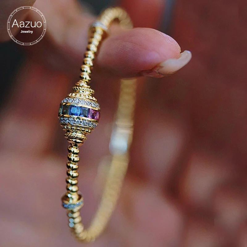 Aazuo 18K Yellow Gold Natrual Sapphires Real Diamond Palace Court Styp Buchirati Bangle For Lady Upscale Trendy Engagement Party