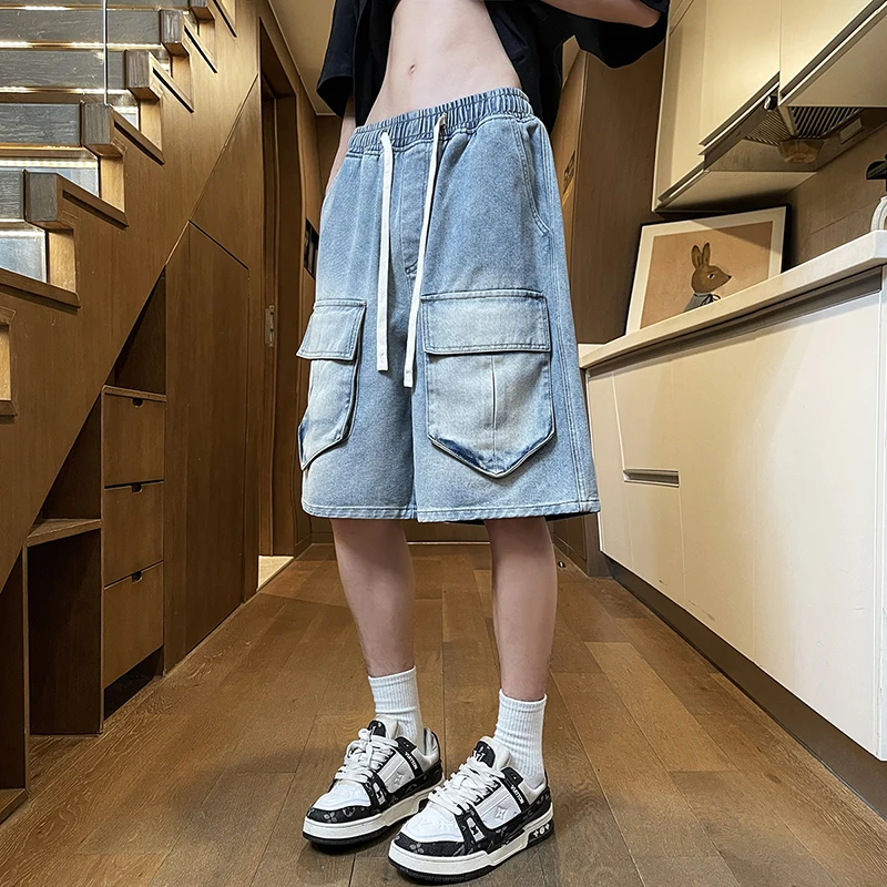 Classic Mens Casual Cotton Denim Shorts 2026 Summer Youth High Streetwear Drawstring Waist Five-Cents Jean BLUE Knee-Length Pant