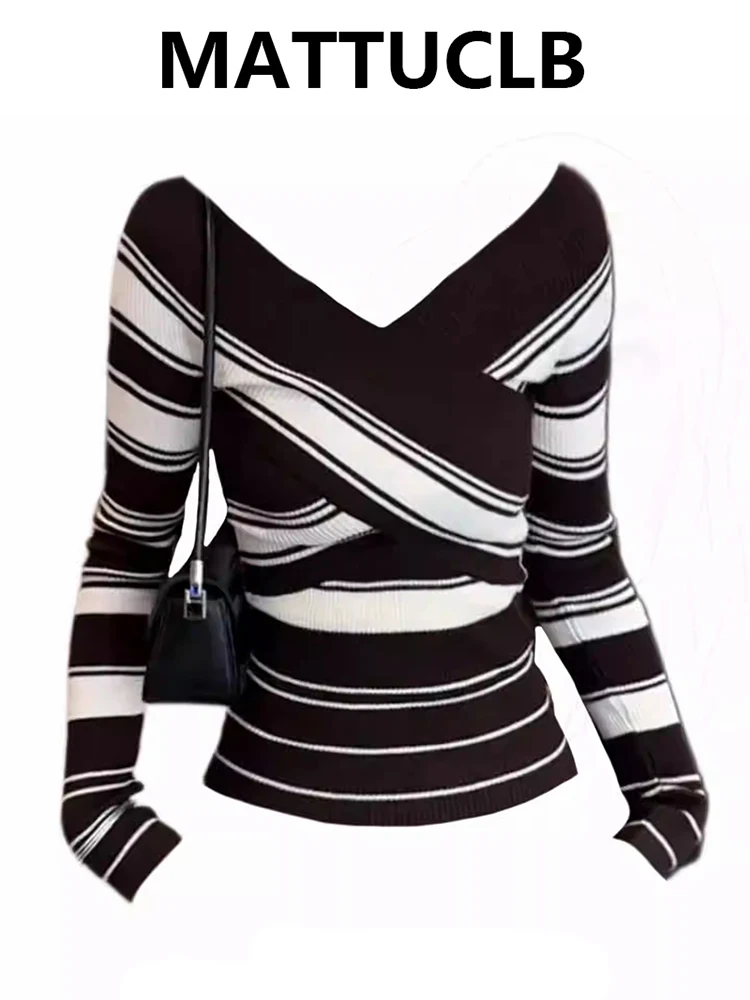 

Зимний женский обнимающий свитер с v-образным вырезом, корейские трикотажные изделия, полосатый джемпер с длинными рукавами и старыми деньгами, дизайн трикотажа, кокетли, пуловеры, новинка