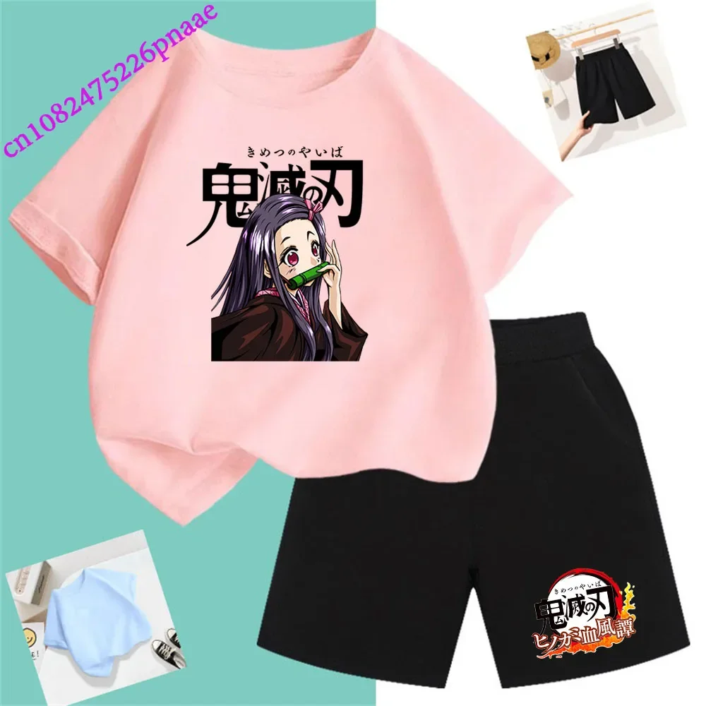 Demon Slayer t shirt Fashion Summerdress2024 Short Kid Short T-shirt Baby Tee Sets Fashion Casual O-neck Breathable KawaiiShorts