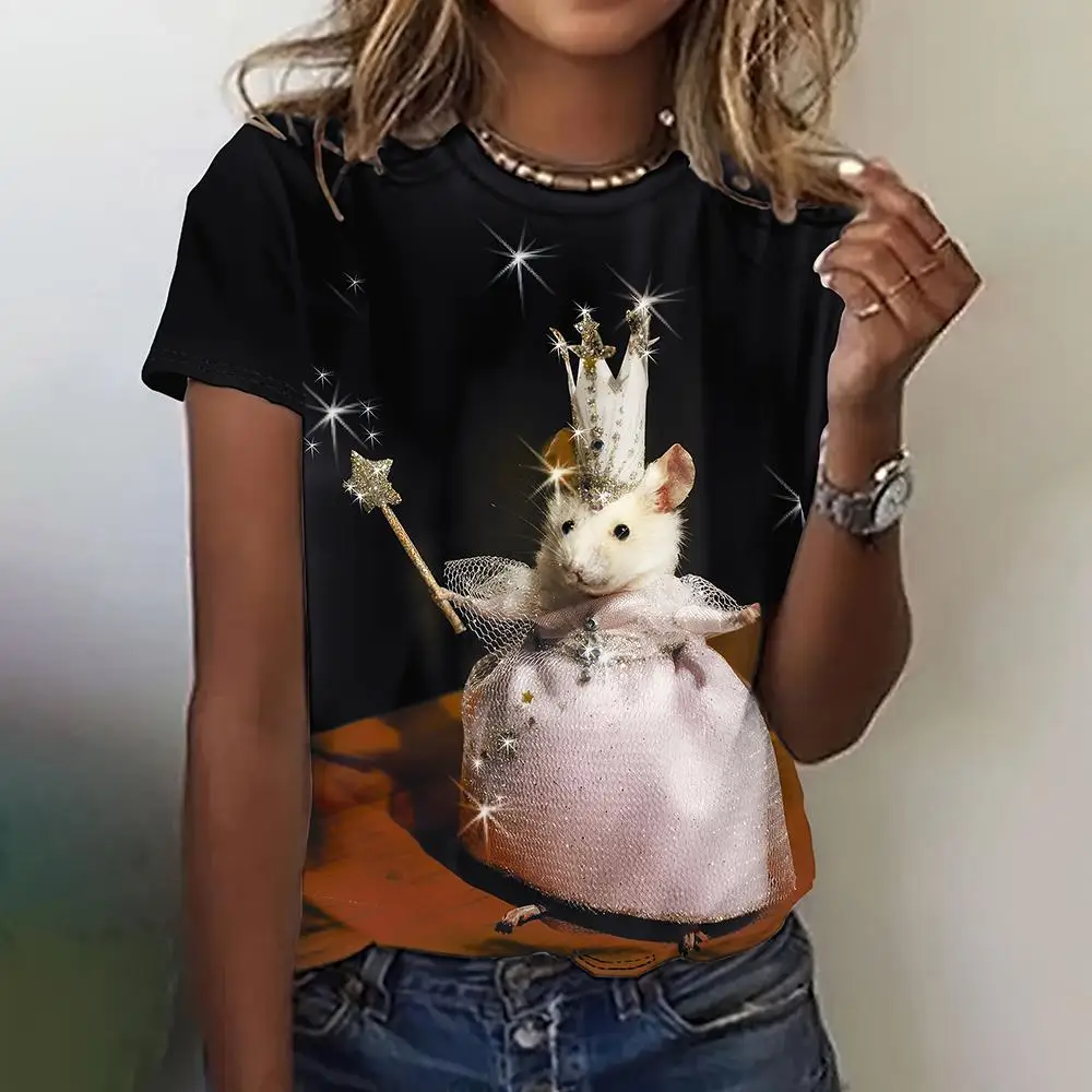 Cartoon Rat 3D Stampa T-shirt Donna Estate Divertente Animale T Shirt Manica corta O-Collo Harajuku Top Y2k Casual Tees Abbigliamento femminile