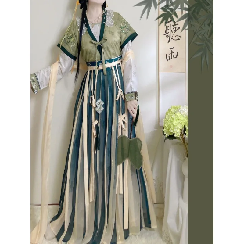 

2024 Spring Tang Dynasty Green Butterfly Embroidery Elf Cosplay Hanfu Dress Suit Women Chinese Traditional Women's Clothing