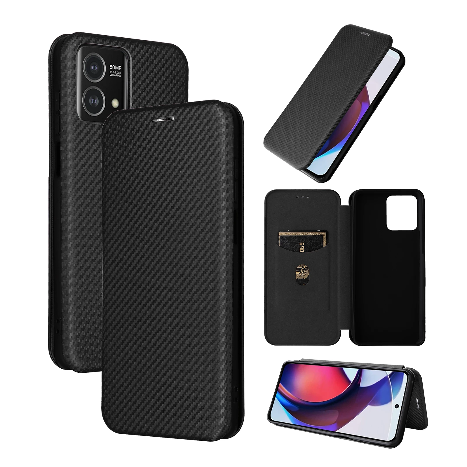 Skórzane etui z klapką z włókna węglowego do motoroli Moto G Pro G9 Play Geno2 Stylus 5G E7 Plus G8 Power (2023) etui na karty G100