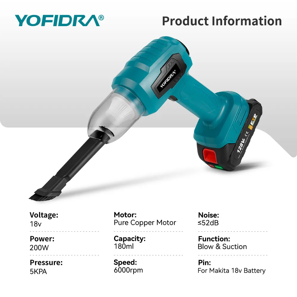 YOFIDRA Cordless Electric Vacuum Cleaner Blow Suction Dual Use Portable Rechargeable with 7 Accessories For Makita 18V Battery