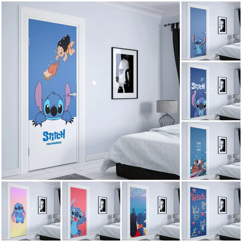 디즈니 릴로 & 스티치 수채화 그래피티 도어 스티커, 북유럽 프린트 벽 아트, 홈 데코 벽 스티커, 어린이 방 문 장식
