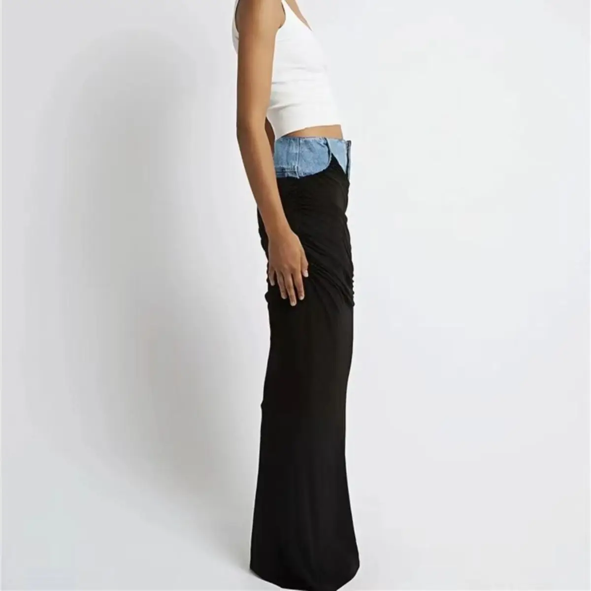 High Waist Skirt Women's 2026 Spring New Black Pleated Splicing Design Long Denim Skirt