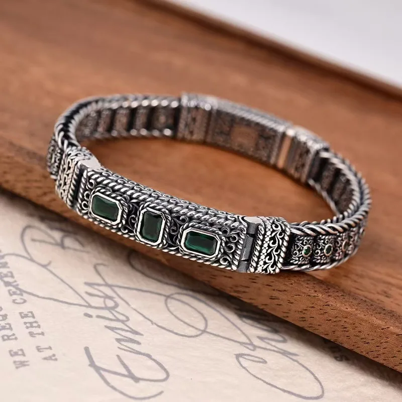 Handmade Woven Bracelet for Men Women, Vintage Tang Grass Pattern Square Rhinestone Bead Rotatable Bangle, Chinese Trend