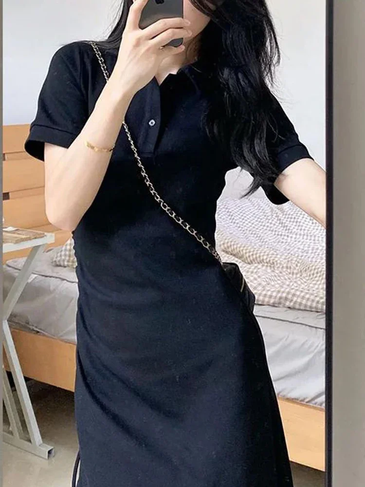 Sweet Elegant Ladies Polo Neck Woman Dress French Solid Color Slim Women Dress Black Fashion Street Simple Basic Dresses Female