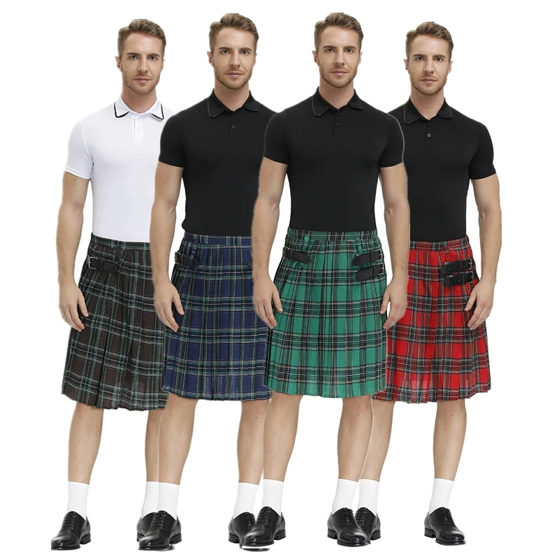 

Halloween Gothic Scotland Men's Plaid Pleated Dress Ball Party Costume Punk Hip-hop Avant Garde Scottish Tartan Trousers Skirts