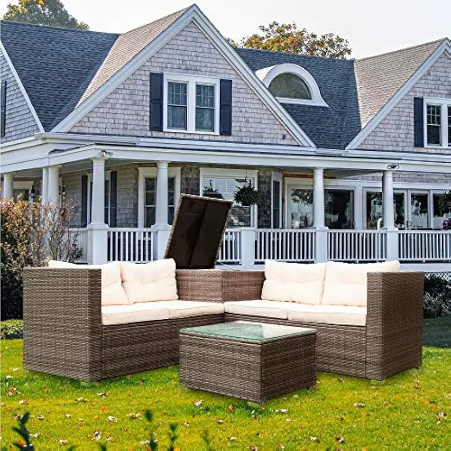 4Pieces PE Rattan Wicker Outdoor Patio Furniture Set, Conversation Sectional Sofa with Tempered Glass Table and Storage Box