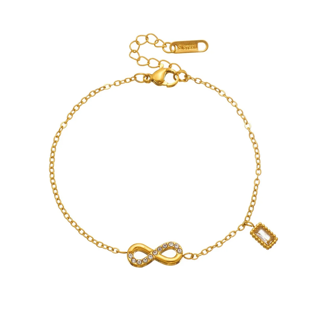 Bracelet à breloques carrées et symbole infini en zircone punk, couleur or, chaîne en acier inoxydable pour femme, bijoux