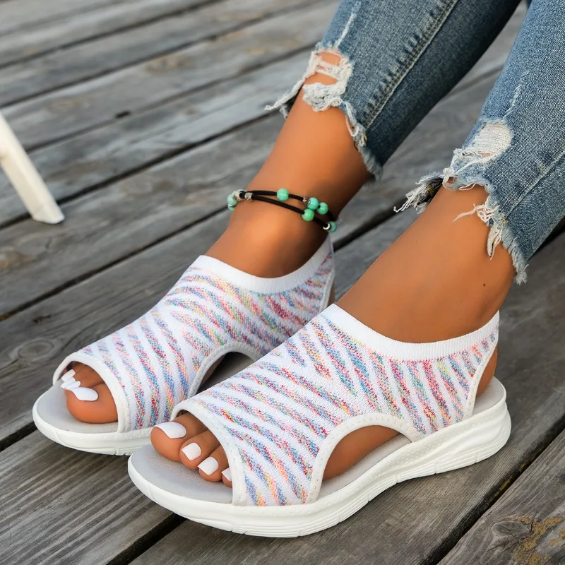 

Stylish New Elegant Mesh Wedge Sandals, Summer Round Toe Comfortable Flat Shoes, Outdoor Beach Non-slip Peep Toe Casual Sandals