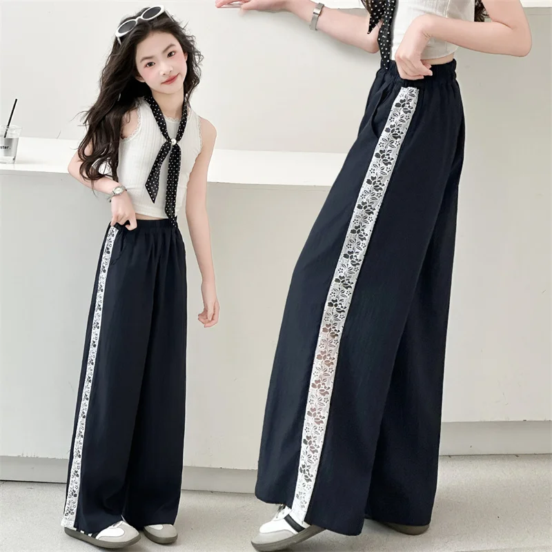 

Children Girls Straight Pants Side Lace Design Kids Babys Girls Quick-Dry Casual Wide Leg Pants 5-14Years Teenage Loose Trousers