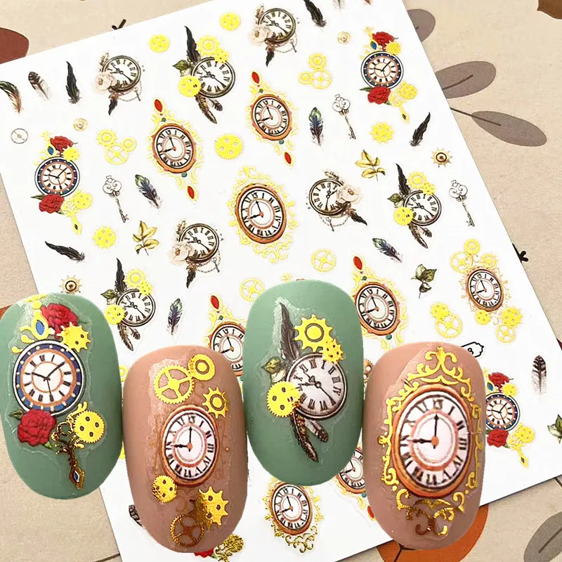 Newest Shinning Time Clock Design 3D Self Adhesive Flash Decal Slider DIY Decorations Tips Nail Sticker TSC 568