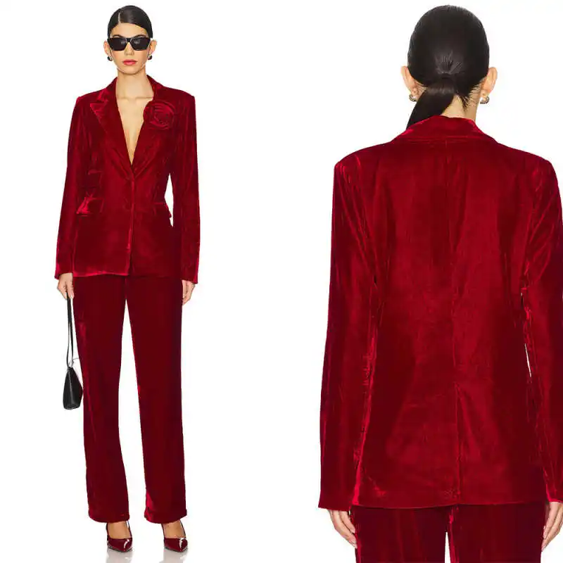 

Velvet Women Blazer Sets Customized Hand Made Flowers Banquet Party Gowns Jacket Suits Ladies Business Coat 2 Pieces