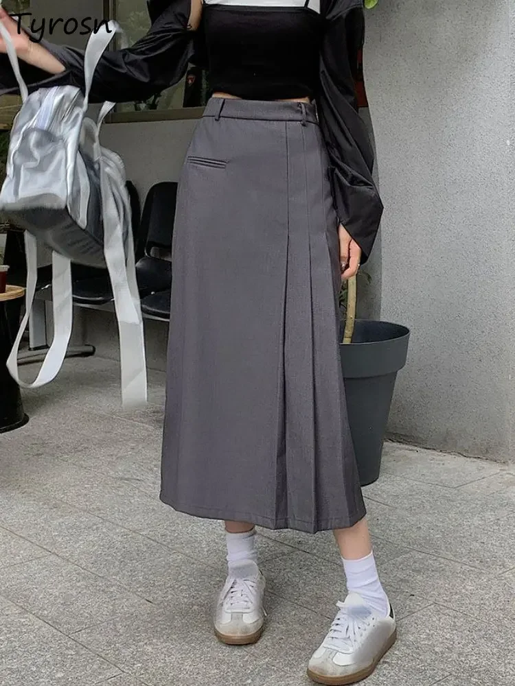 

Юбки женские дизайнерские со складками осень простые однотонные элегантные темпераментные для отдыха с высокой талией универсальные модные трапециевидные уютные в корейском стиле