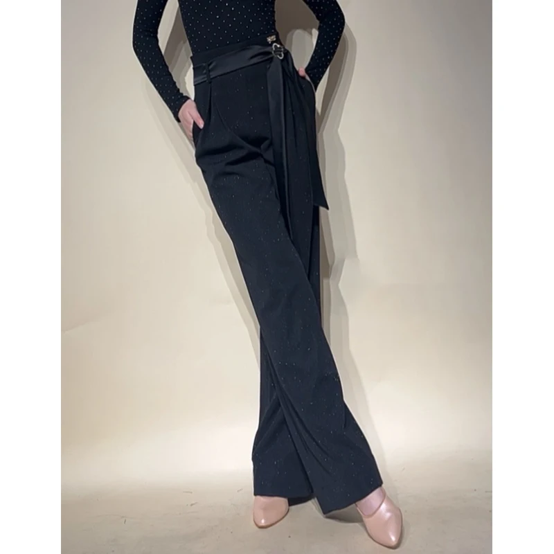 

Sequin Ballroom Dance Trousers Black High Waist Latin Dance Pants Women Waltz Dance Performance Clothes Salsa Dance Pants L15770