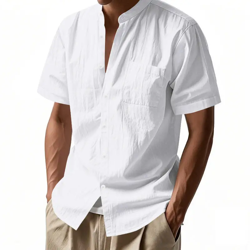 

New Men's Summer Loose Linen Open Cardigan Color Casual Collar Beach Short Sleeve Shirt Comfortable Breathable Spring A...
