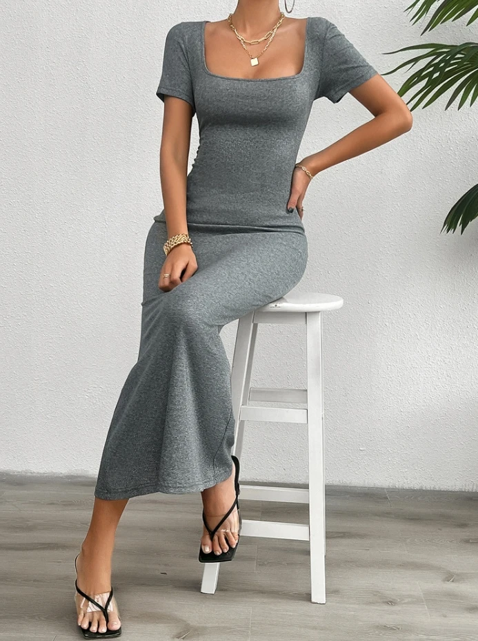 Sexy Women's Summer One-Piece Dress 2024 Elegant Square Neck Solid Color Tight Short Sleeve Back Strap Women's Evening Dresses