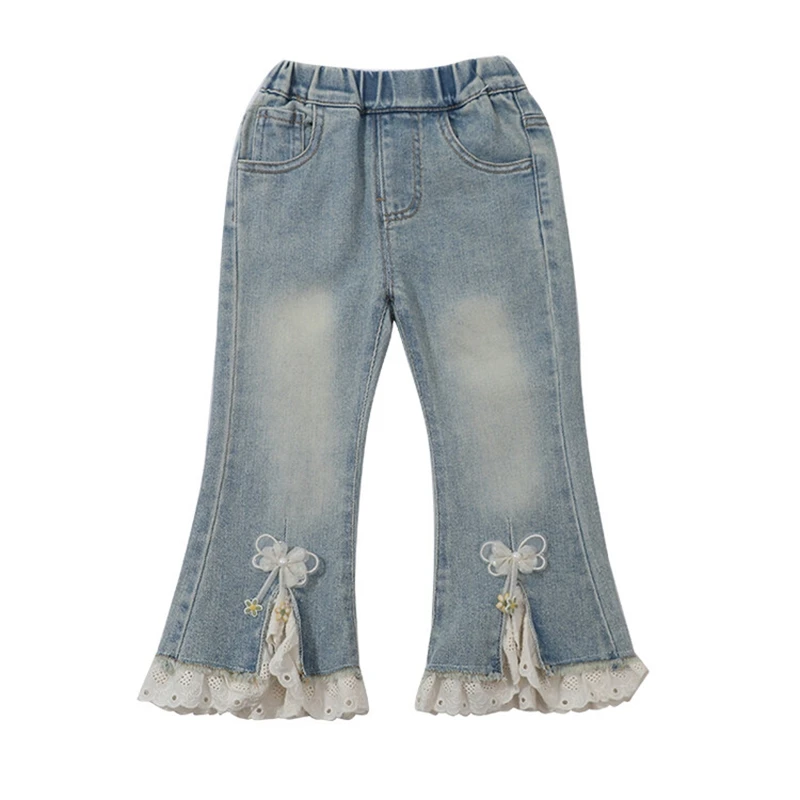 

Spring Fashion 2 3 46 8 10 Years Children Elastic Long Trousers Pants Lace Patchwork Wide Leg Flared Baby Kids Girls Denim Jeans
