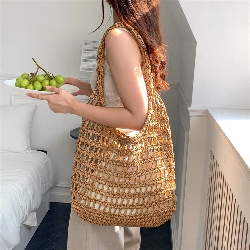 Summer Women Beach Tote Handbags Rattan Crochet Shoulder Bag Casual Commute Bag Vintage Straw Woven Bag