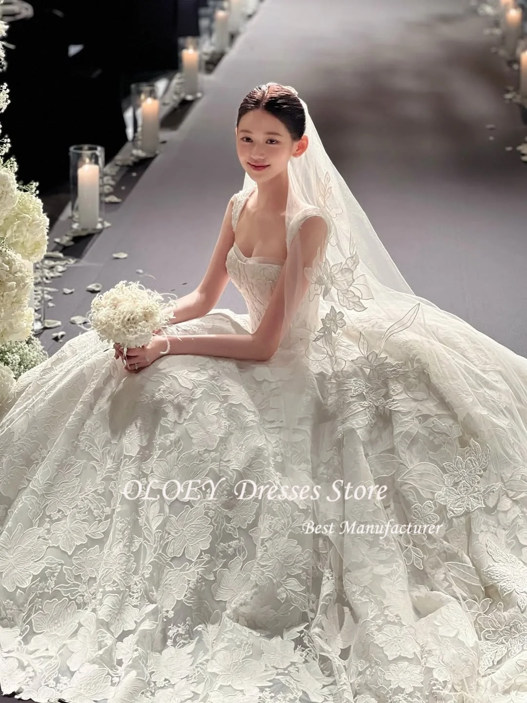 OLOEY Romantic Lace Wedding Dress Exquisite Ball Bridal Gown Chapel Train Bride Korea Wedding Dress Photo Shoot Applique