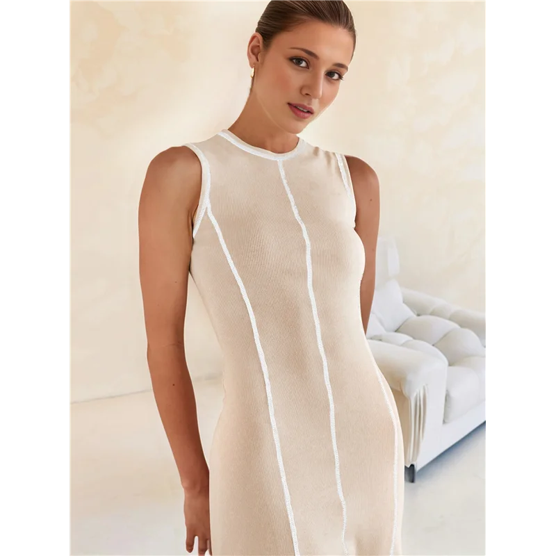 เดรสเสื้อยืดแขนกุดผู้หญิง A09P สำหรับฤดูร้อน ผ้าถักลายริบตัดสี ทรงแม็กซี่