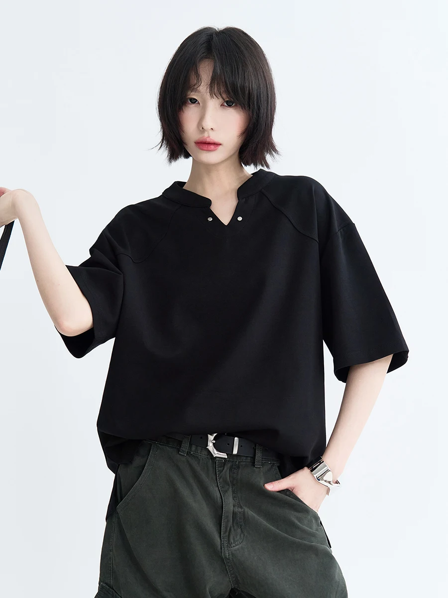 

avi Museum Women's Loose Fit ort Sve T-irt Pure Color V-Ne Casual Sle Summer Top Versatile Basic Cotton Blend