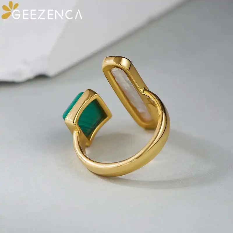 GEEZENCA Natural Malachite Baroque Pearl 925 Silver Open Rings For Women 18K Gold Minimalism Unique Geometric Ring Gift For Her