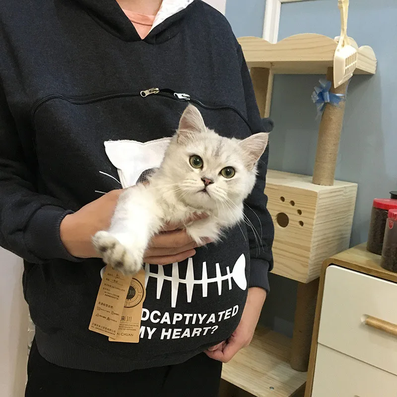 Winter Women's Hoodie Cat Carrier Oversized Fleece Sweatshirt Large Pouch Warm Soft Pet Pocket Pullover for Cat Owners