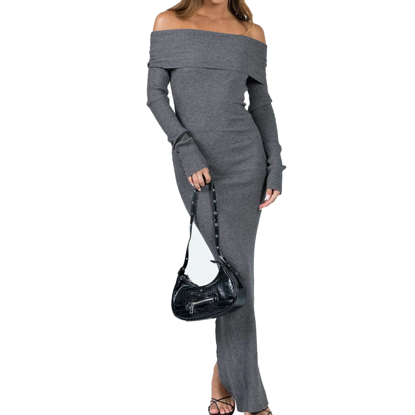 

Women Sexy Off-Shoulder Cocktail Long Dress Autumn Street Solid Color Long Sleeve Slash Neck Wrap Shrug Split Bodycon Dresses