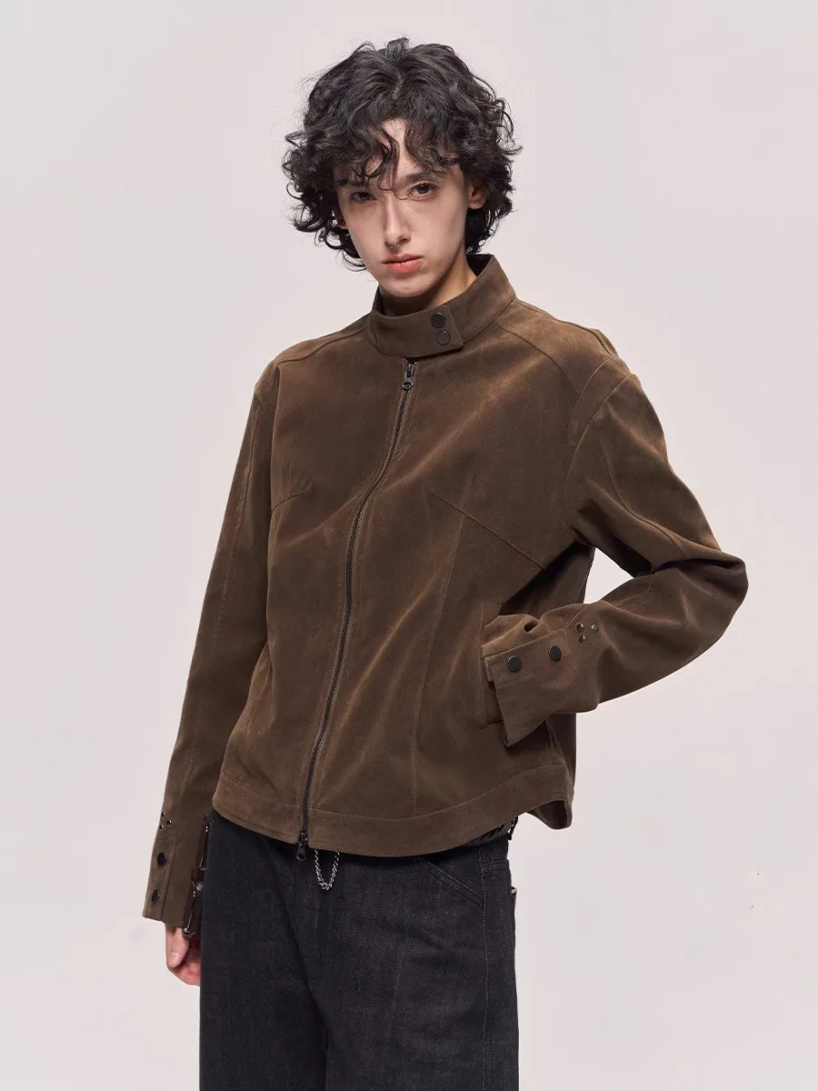 

Retro Suede Stand Collar Harrington Jaet Coat for Men And Women Brown Color Youth Faion Winter Season Stand Fit Jaet