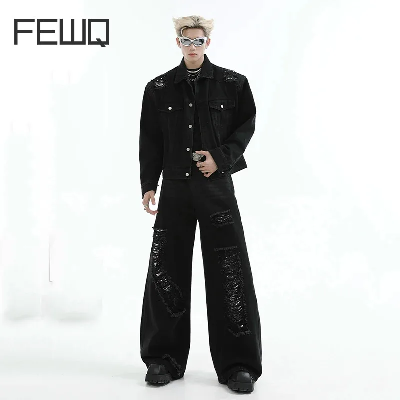 FEWQ Niche Vintage Collar Denim Jacket Wide Leg Jeans Ripped Sequin Design Denim Sets 2024 Darkwear High Street Autumn 24E1939