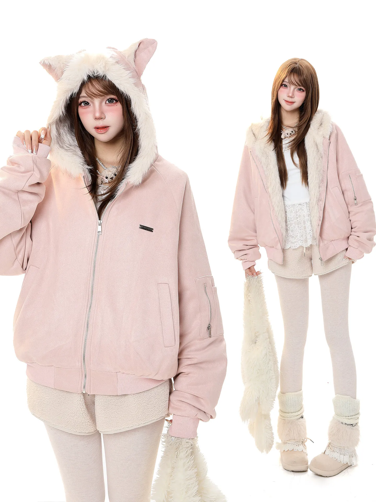 

American Sle Suede Ear Hooded Cotton Jaet Women Winter Fur Inteated Warm Loose Cotton Coat Outerwear