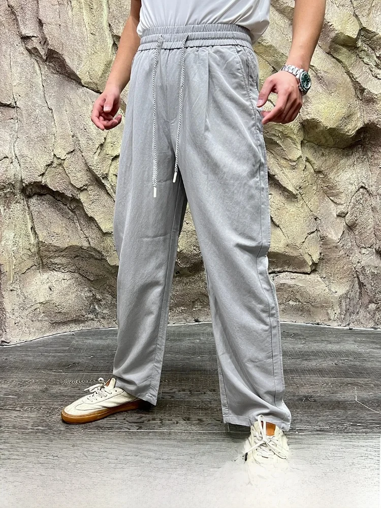 

Мужские повседневные брюки из смесового льна и шелка с эластичным поясом, легкие, дышащие, премиум-класса, весна-лето, свободный крой, прямые штанины