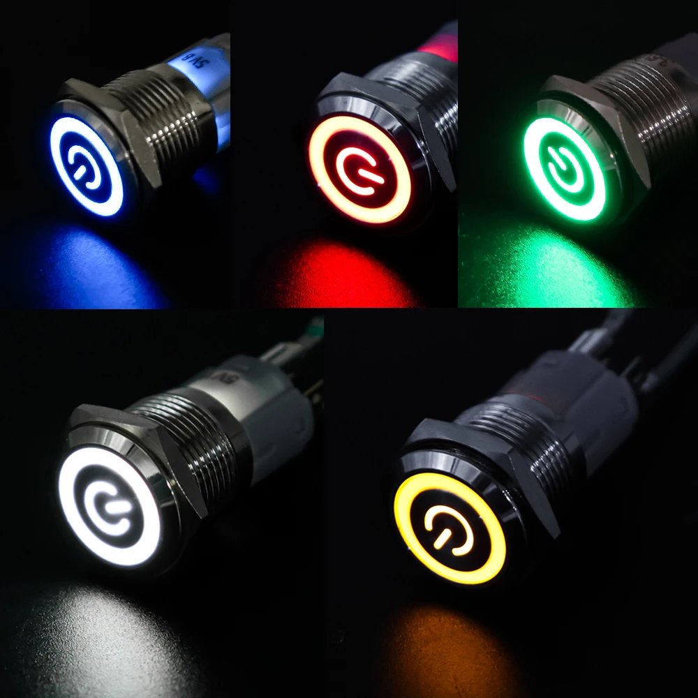 16mm Waterproof Metal Push Button Switch LED Light Anodize Oxide Black Momentary Latching Car Engine PC Power Switch 3-380V Red