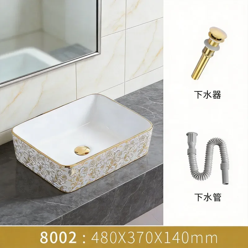 Electroplated Gold Pattern Ceramic Vessel Sink Modern Round Countertop Wash Basin for Bathroom Vanity Decor