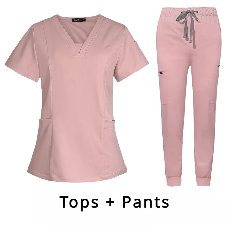 V-Neck bolso Workwear para homens e mulheres, uniformes médicos, clínica Scrub Suit, manga curta Scrubs, uniformes de enfermagem cirúrgicos