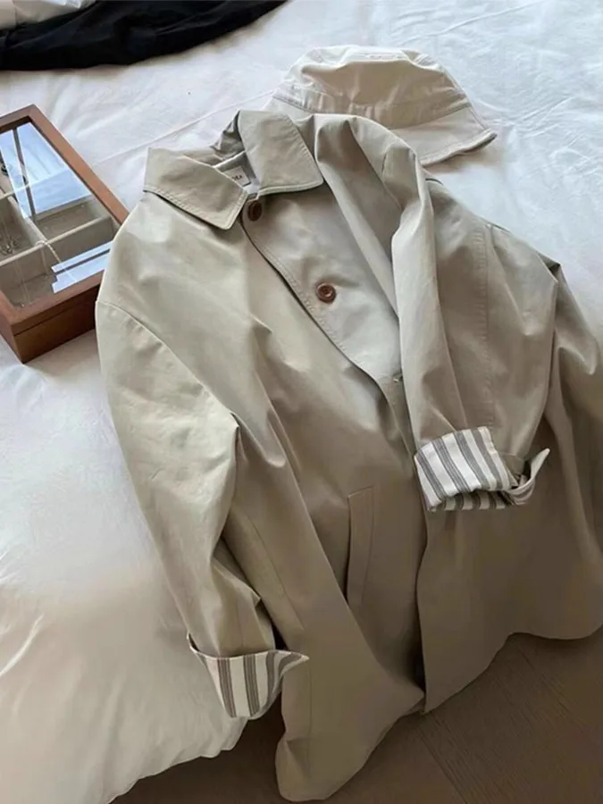 

Women's Autumn Winter New Sle Spliced Simple Workwear Coat Long Sve Vintage Loose Fit Single Button Closure Color