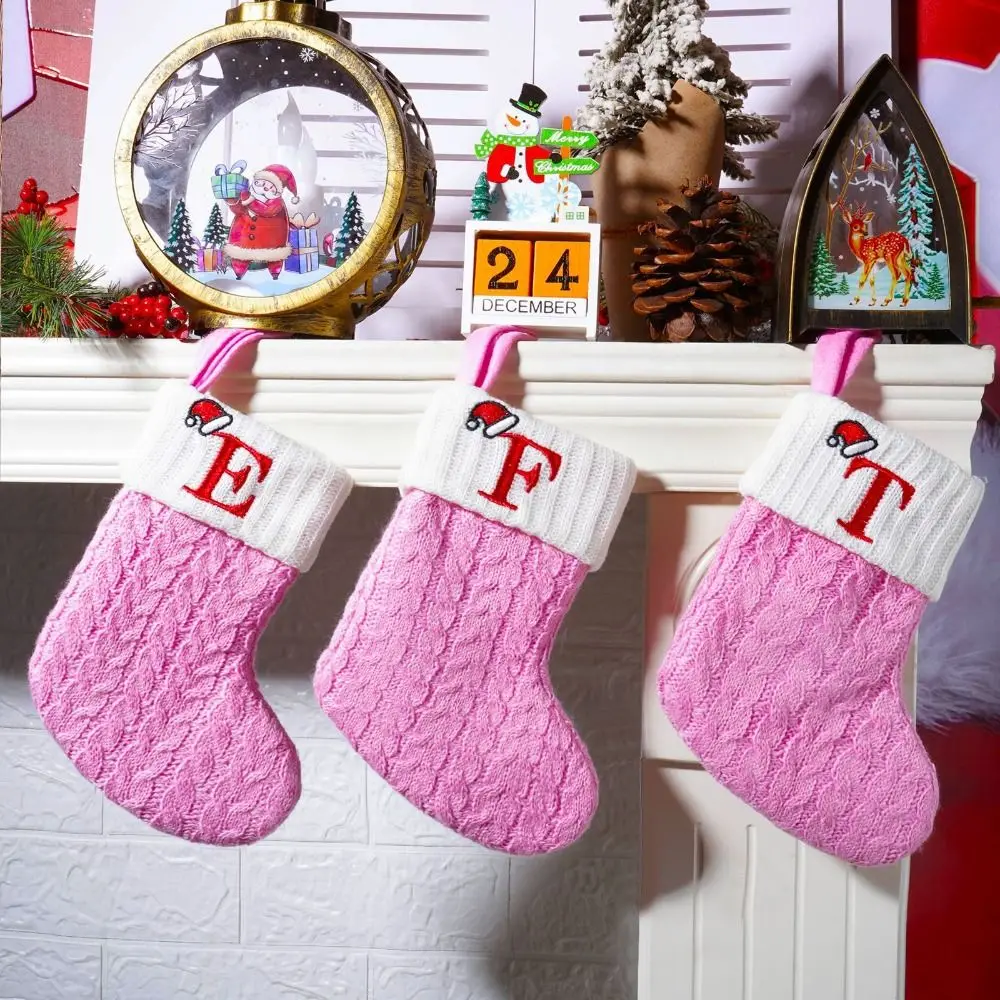 Pink Christmas Alphabet Knitted Socks Large Capacity Thickened Letter Knitting Socks Exquisite Festival Candy Gift Bags