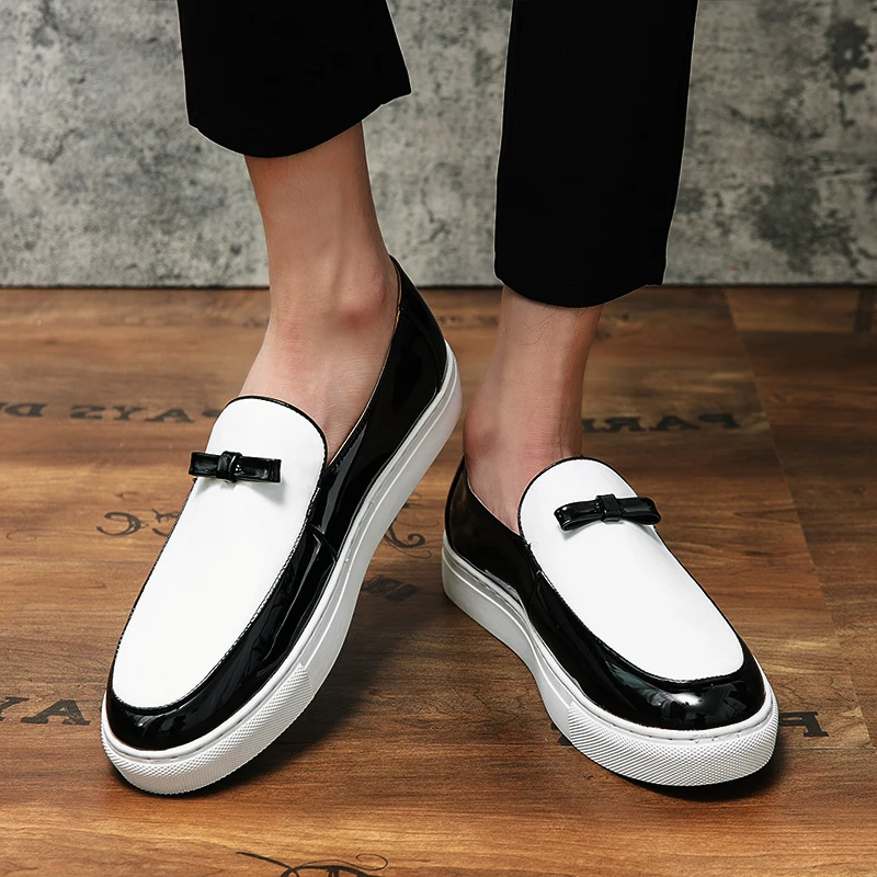 British Style Black White Mixed Colors Fashion Men\'s Panter Leather Loafer Shoes Daily Casual Banquet Slip-On Men Flat Shoes