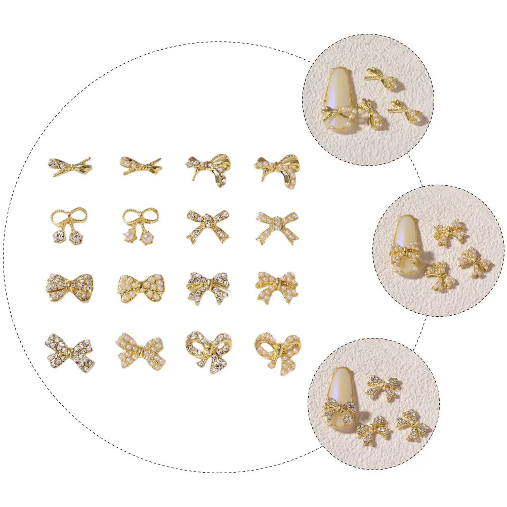 

16 Pcs Pearl Butterfly Nail Patch Decorations DIY Alloy Material Manicure Bowknot Beautiful Ornament Small