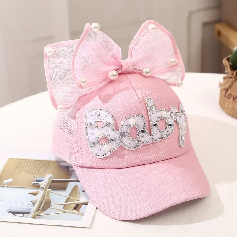 2-8Yrs Old Children Big Bow Cartoon Baseball Cap Girls Pearl Snapback Sun Protection Caps Mesh Rabbit Ear KidsTrucker Sun Hat