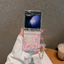 For Samsung Galaxy Z Flip 3 4 5 6 Case Flowers Painted Bracelet Transparent Hinge Shockproof Folding Hard Case Accessories Funda