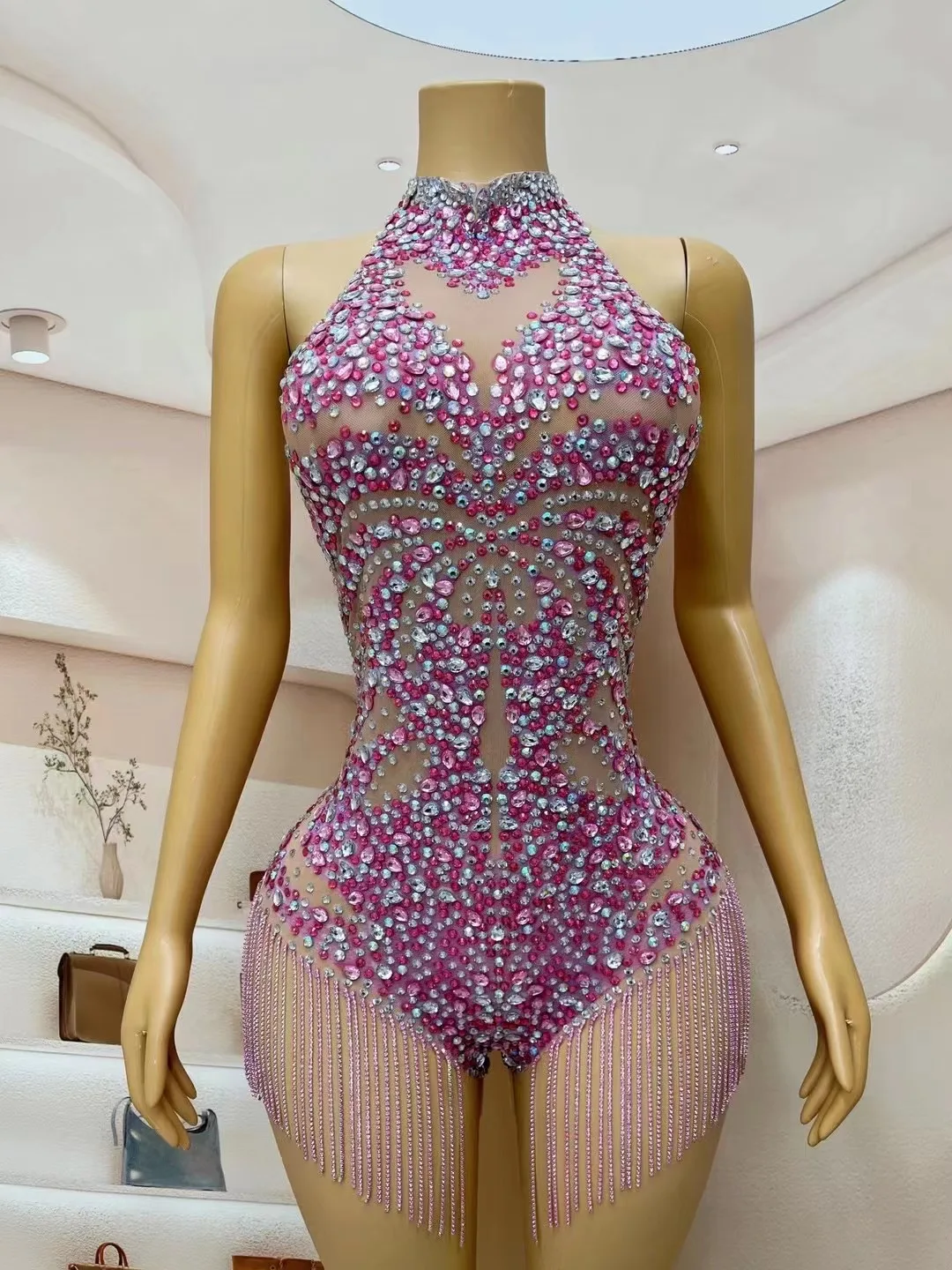 Sexy Flashing Pink Rhinestones Crystals Chains Fringes Leotard Evening Birthday Backless Bodysuit Club Dance Photoshoot Outfit